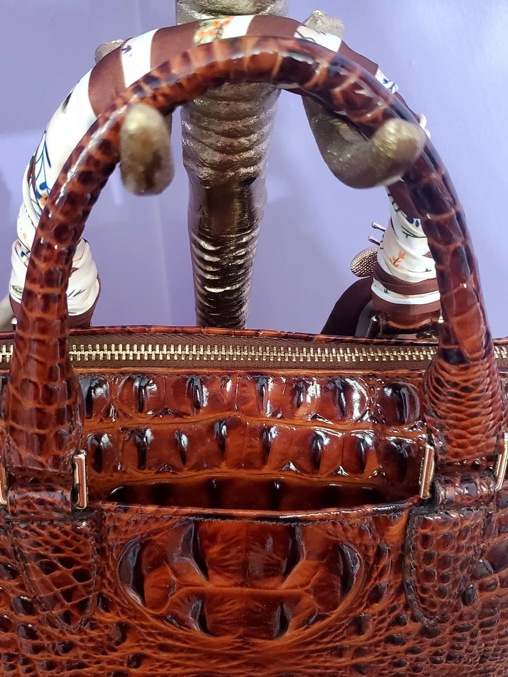 Brahmin Croc-Embossed Brown Satchel with Scarf-Wrapped Handles and Pearl Accent